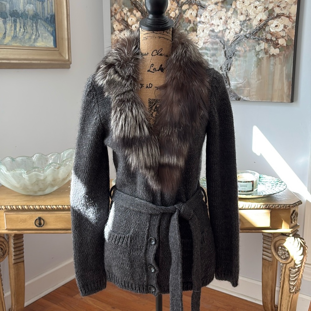 French Designer Georges Rech Real Fox Fur Alpaca Wool belted cardigan sweater S